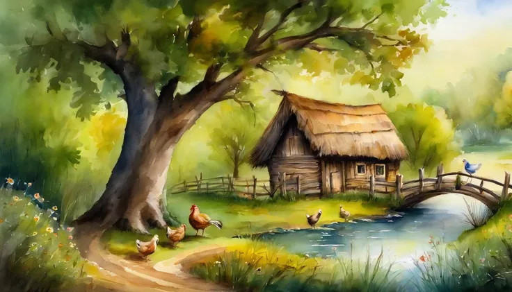 watercolor painting, There is a hut under the big tree, beside of the stream, children play with chickens in front of the hut, flowers and fence,