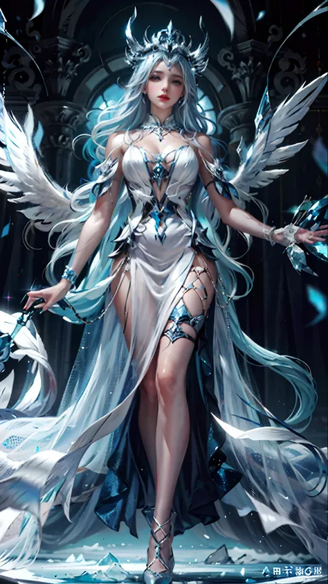 Queen of Ice，Ice blue clothes，Ice blue wings，white color hair，tiara crown，white thighhig，high-heels，Bumpy figure，