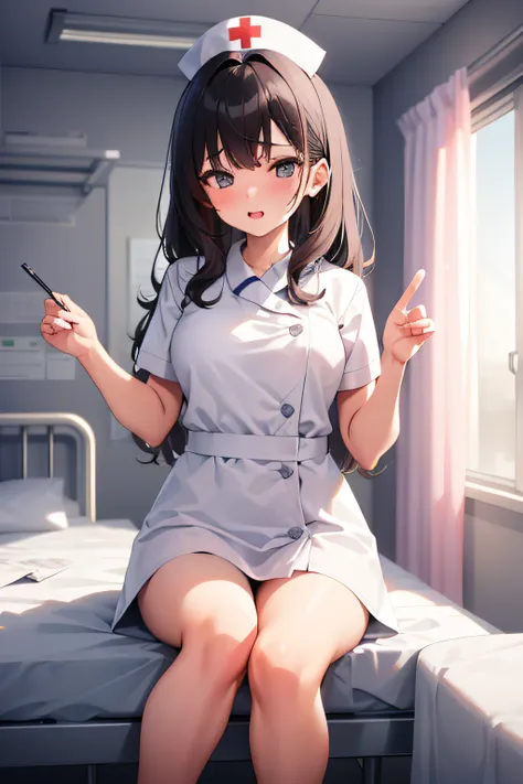 infirmary, curtains, 1girl, nurse, white dress,, masterpiece, best quality, highly detailed