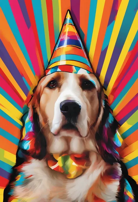 Um cachorro fofo com ((a party hat)) In your head, fotografia, estilo pop art, Stanley Artgerm Lau, pixabay, sharper, colorido