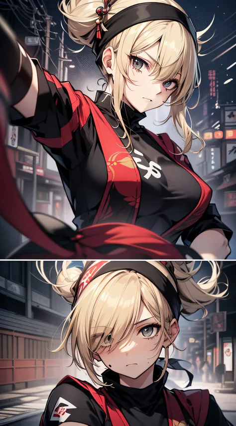 top-quality、Top image quality、​masterpiece、teens girl((18year old、Black ninja uniform with short sleeves、Bust 80、a blond、poneyTail、Breasts wide open,valley、Black eye、Strong eye power、Black Hachimaki、Get closer to your audience、Kamimei、Full of wounds all ov...