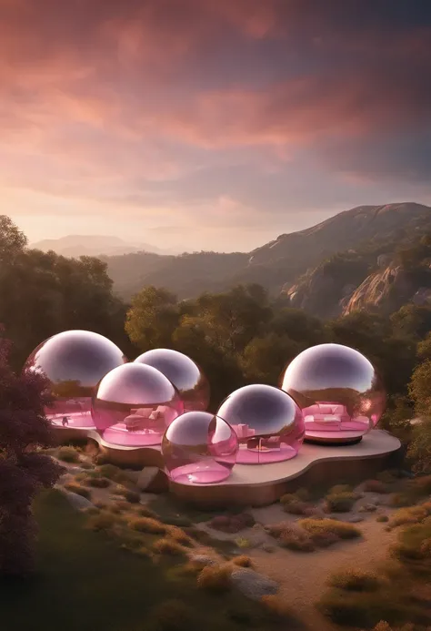 hyper-photorealistic glass bubbles pink cabins, partially embedded into the mountain, futuristic interior, a film Oblivion otherworldly atmosphere, golden hour, art highly detailed, fine details, hyper quality, trending on artstation, award-winning, megapi...