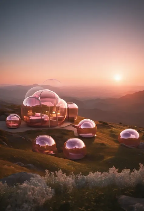 hyper-photorealistic glass bubbles pink cabins, partially embedded into the mountain, futuristic interior, a film Oblivion otherworldly atmosphere, golden hour, art highly detailed, fine details, hyper quality, trending on artstation, award-winning, megapi...