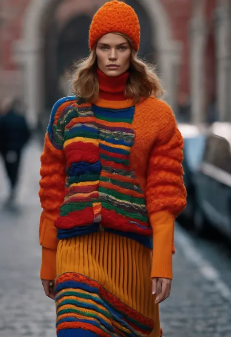 A shot full body Photo by Steven Meisel, model wearing padded shoulders colorful textured knitwear and beanie ,and skirt stella mccartney three tripes embroidered and ornament layered puma meets jil sander in steppe stella mccartney trainers Copenhagen Fas...