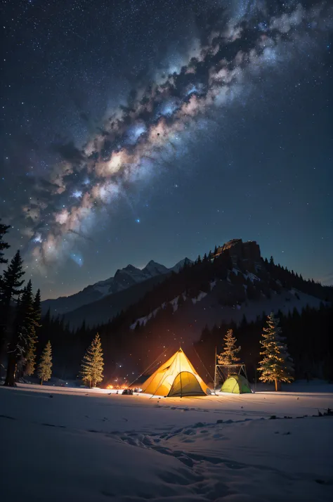 8K, Photorealsitic, a picture, Best Quality, Starry sky, milkyway, CAMPING TENT、Photorealsitic, ​masterpiece、top-quality、hightquality、A highly detailed、camping、bonfire