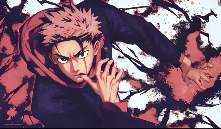 personagem de anime com cabelo vermelho e capuz preto em um fundo branco, jujutsu kaisen, coringa se parece com naruto, cara bon...