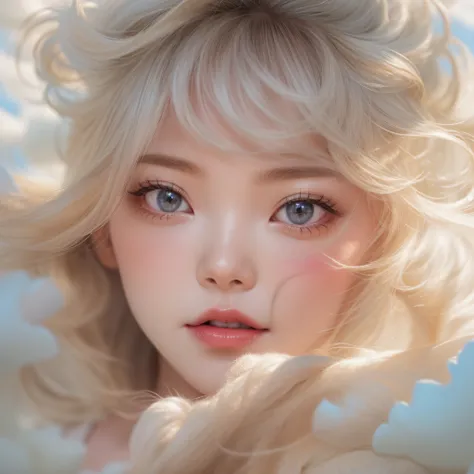 Close up of a smile with the corners of the mouth raised、on clouds、on clouds、on clouds、(realisitic、hight resolution)、(1 girl in)、Do-Up Eye、Korean Girl、(Best Quality), (masutepiece), (1girl in), Solo, a beauty girl, Perfect face, dreamlikeart、Highly detaile...