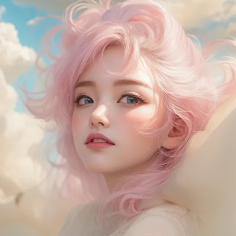 Close up of a smile with the corners of the mouth raised、on clouds、on clouds、on clouds、(realisitic、hight resolution)、(1 girl in)、Do-Up Eye、Korean Girl、(Best Quality), (masutepiece), (1girl in), Solo, a beauty girl, Perfect face, dreamlikeart、Highly detaile...