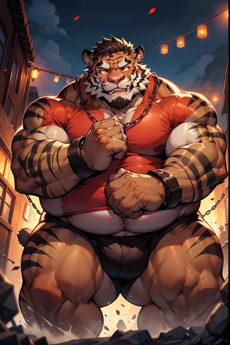 male tiger orc，frontage，be red in the face，small stature，rich in muscle，a little obese，full bodyesbian，adolable，tsundere，tethere...