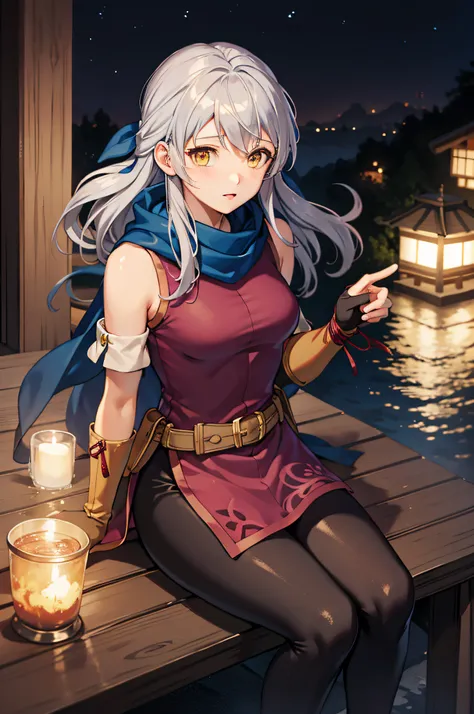 micaiah_(fire_emblem), 1girl, yellow eyes, solo, grey hair, half updo, ribbon, bare shoulders, dress, fingerless gloves, sleevel...