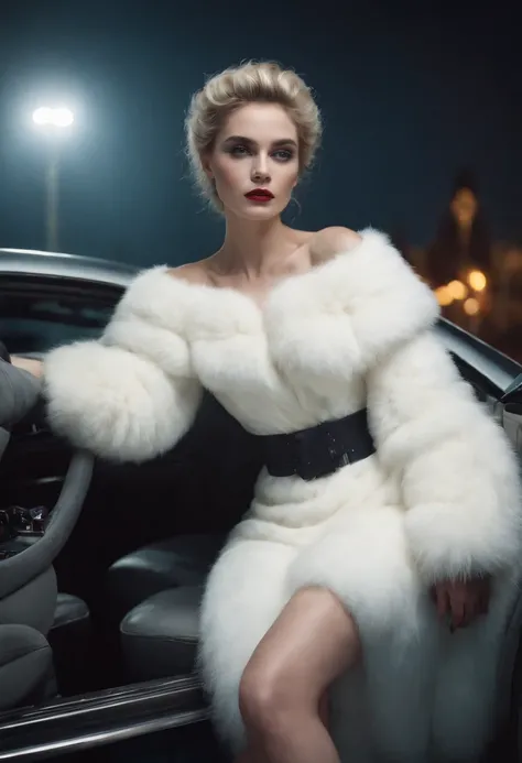 diana drew with fluffy white costume, in lizzy lees car with all the lights on, with cigarette in hand, in the style of sculptural costumes, white and dark blue, Mort Artist, carolina herrera, halloween, furry art, tom bagshaw, minimalist, magazine style