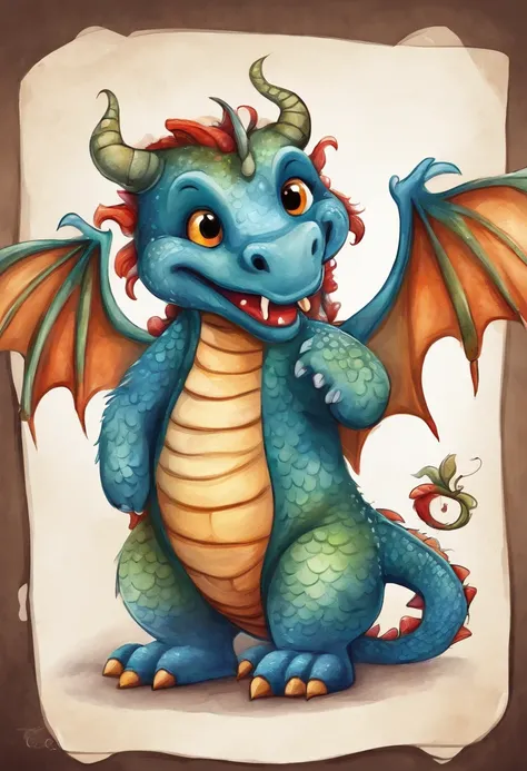 Make a childrens book-style drawing of a cute little anthropomorphic dragon with long wings and tail. Ele tem escamas coloridas, big eyes and is smiling. The dragon is wearing a blue sleeveless blouse and red shorts. The clothing is the right size for your...