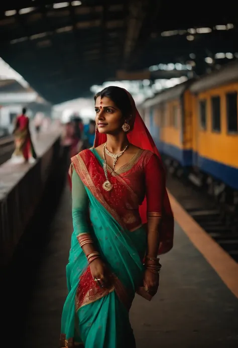 A portrait of a women with saree, walking on the platform of railway station in india, walking beside the train, cinematic, realistic photo, very detailed