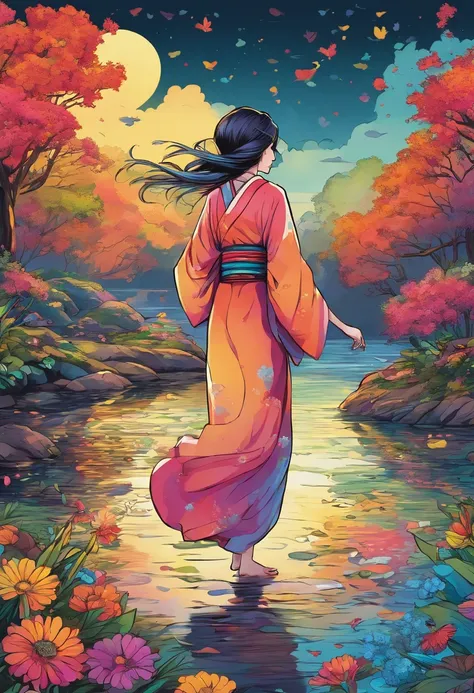 Spirit floating in pale shape, Woman in yukata with colorful flowers walking along the river. Her beautiful face and brightly colored glowing eyes. Dark night river、Illuminated in a fantastic way by the floating light of the spirits. Woman walking with han...