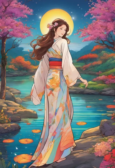 Spirit floating in pale shape, Woman in yukata with colorful flowers walking along the river. Her beautiful face and brightly colored glowing eyes. Dark night river、Illuminated in a fantastic way by the floating light of the spirits. Woman walking with han...