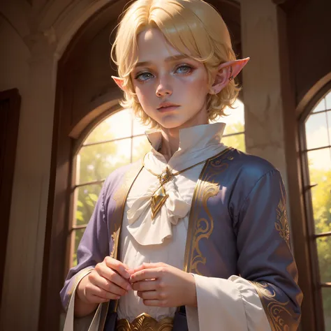 (1 boy),Adonis,12year old,(Bob Hair 1.2）,An ultra-high picture quality,Realistic,​masterpiece,a blond,Beautiful fece,fleeting,Fantasia,Elven tribe,(Long-sleeved clothing),look up to,Hands are hidden