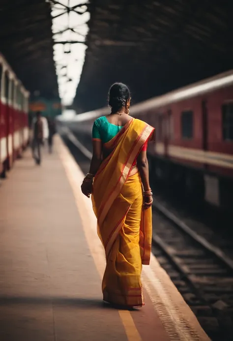 A portrait of a women with saree, walking on the platform of railway station in india, walking beside the train, cinematic, realistic photo, very detailed