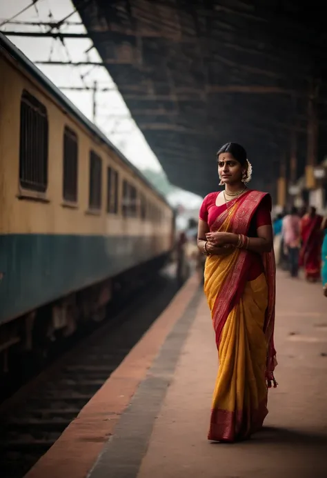 A portrait of a women with saree, walking on the platform of railway station in india, walking beside the train, cinematic, realistic photo, very detailed