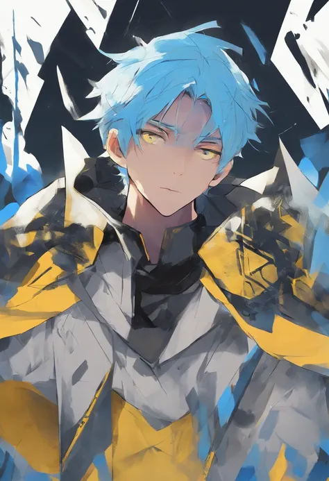 a adult boy with yellow hodi, blue hair, black pain , light blue eyes