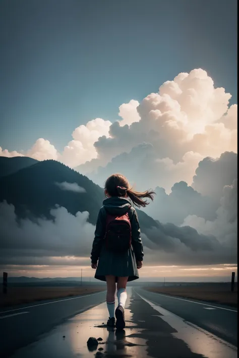 Little girl walking through the clouds