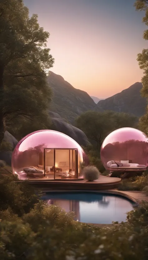 hyper-photorealistic glass bubbles pink cabins, partially embedded into the mountain, futuristic interior, a film Oblivion otherworldly atmosphere, golden hour, art highly detailed, fine details, hyper quality, trending on artstation, award-winning, megapi...