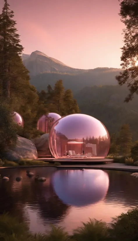 hyper-photorealistic glass bubbles pink cabins, partially embedded into the mountain, futuristic interior, a film Oblivion otherworldly atmosphere, golden hour, art highly detailed, fine details, hyper quality, trending on artstation, award-winning, megapi...