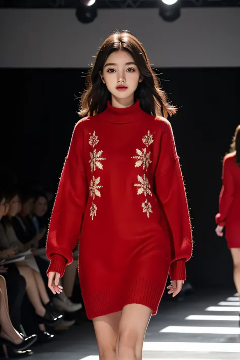 1girll,On the catwalk，Wear a red national style embroidered sweater dress，The sweater texture is very clear