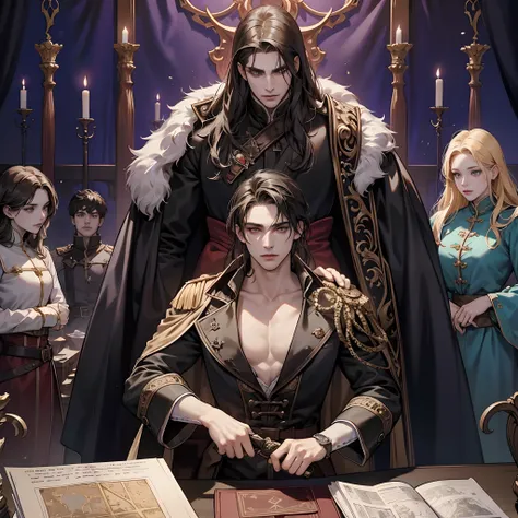 Castlevania Lord of the shadows lord dracula in thé throne room with his great Legendary soldiers looking in Map of conquest hyper realistic super detailed Dynamic shot master piece scene cinématique of movie