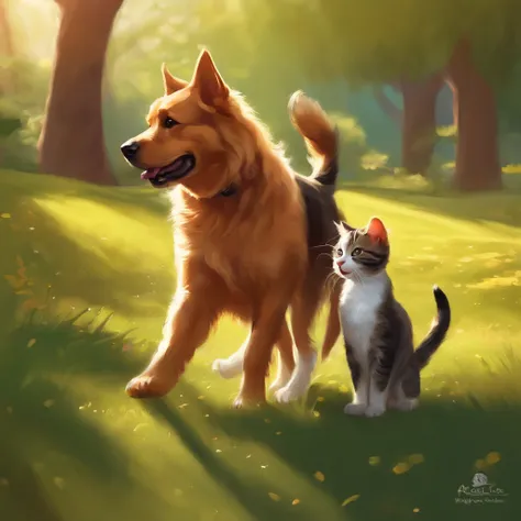 A dog and a cat playing together in the park, Digital painting, caricature style, artstation, Highly detailed, fun, Sunny lighting