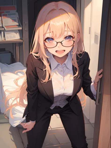 Vulgarity, One Woman, Brown semi-long hair, Glasses, Grinning face, Open mouth, Formal pantsuit, Underwear visible, Bending over and peeking,Nsfw, Sloppily removing suit