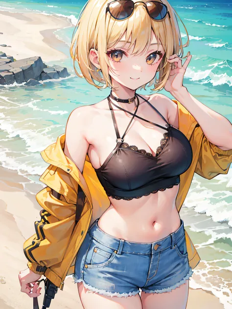 1girl, short blonde hair, Average Breasts, Narrow top, short denim shorts, wearing sunglasses, brown eye, at a beach, 8K, Masterpiece, hight resolution, Smiling