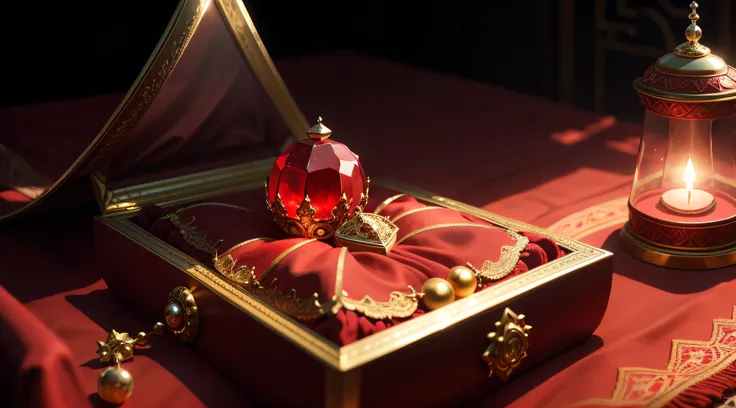 On top of a table, a dazzling, magical jewel, glowing with a celestial glow, rests on a red velvet stand. The jewel is unique, emitting a magical aura.