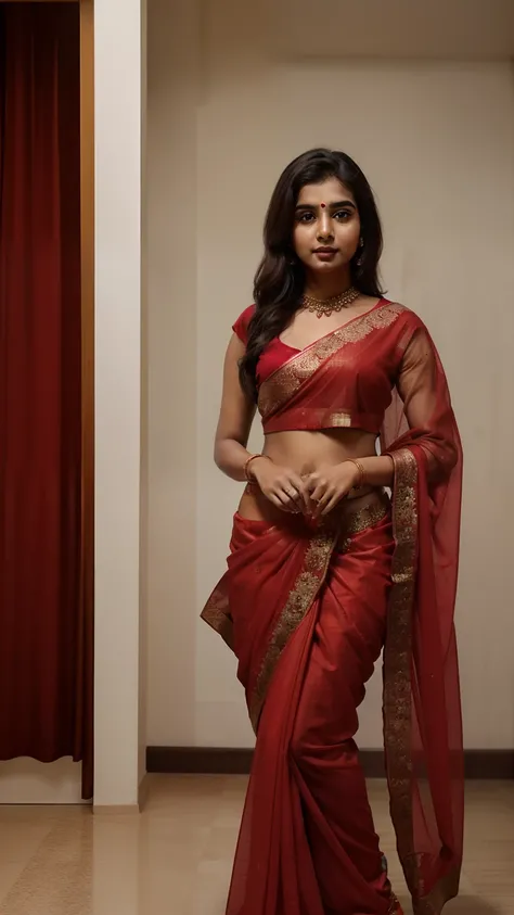 Beautiful Indian girl in red saree and minimal jwellery and dark brown hair, standing, realistic