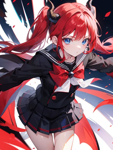 red hair, blue eyes, twintails, Sailor suit,black coat, Dragon horns,Pleated skirt,solo,bow