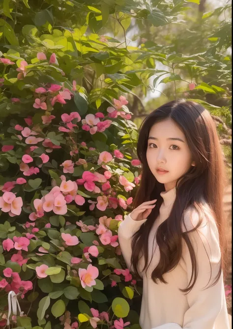 A girl standing in front of a pink bush，Long brown slightly curly hair,，Pink top，White skin，The background is a sunny summer day，The green leaves are mixed with blooming pink flowers，