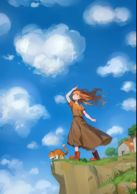 tmasterpiece,1 girl on the edge of the cliff,Orange hair,Wear a brown slip dress,Yellow T-shirt,Red leather boots,Right hand raised,1 orange cat,blue-sky,Lovely white clouds,The tree,Soft light,style of anime