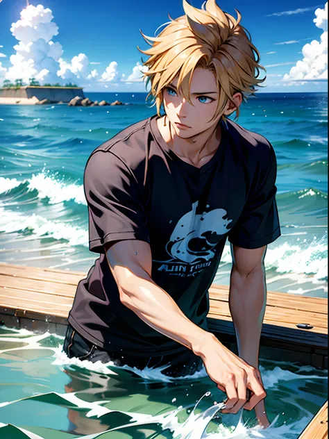 masterpiece、high quality、final fantasy、cloud、surfing in the sea,ocean,summer,