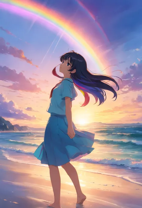 Beautiful sunset sea, calm waves, shining waves, ((big rainbow)), colorful, a girl standing on the beach, beautiful features, shining eyes, long black hair, swaying in the wind, dancing like dancing, ((masterpiece)), ((highest quality 16k)), ((detailed and...