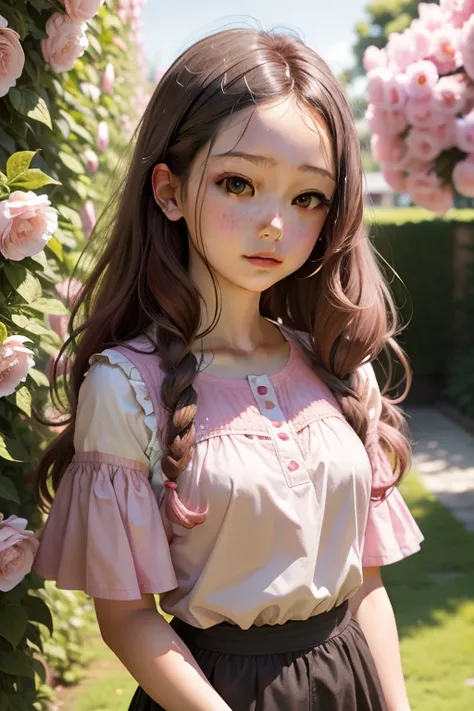 A girl stands in front of a pink bush，Long brown slightly curly hair,，Pink top，White skin，The background is a sunny summer day，Green leaves are mixed with blooming pink flowers，