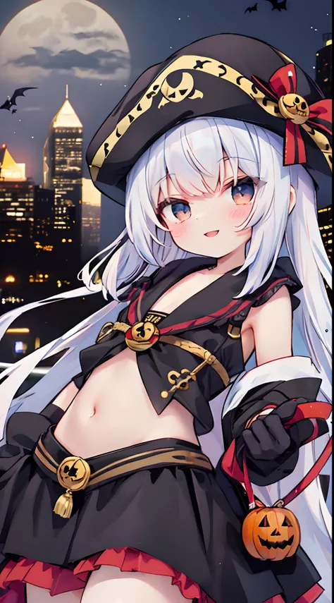 Little cute girl dressed as Buccaneer pirate。is smiling happily。The background is the cityscape of Halloween。