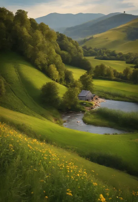 (best quality,4k,8k,highres,masterpiece:1.2),ultra-detailed,(realistic,photorealistic,photo-realistic:1.37),countryside landscape,peaceful,serene,vibrant colors,natural light,rolling hills,flowing river,tall green trees,lush meadows,clear blue sky,gentle b...