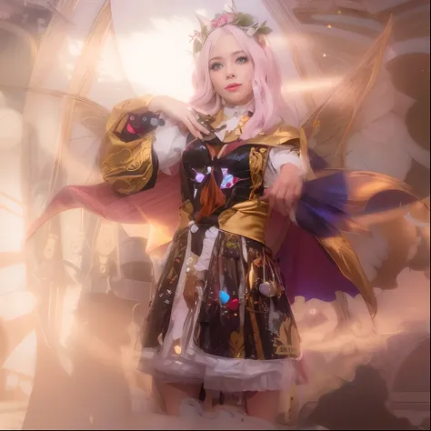 there is a woman dressed in a fairy costume holding a sword, fairycore, belle delphine, seraphine ahri kda, anime cosplay, ornate cosplay, glamourous cosplay, anime girl cosplay, jessica nigri, alice from alice in wonder land, fantasy photoshoot, cosplayer...