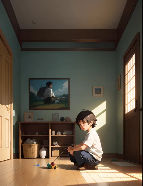 A little boy playing with toys in a living room, simple art inspired by studio ghiblis visual style, Baroque oil painting anime key visual full body portrait character concept art,  brutalist grimdark fantasy, kuudere noble dictator, trending pixiv fanbox,...