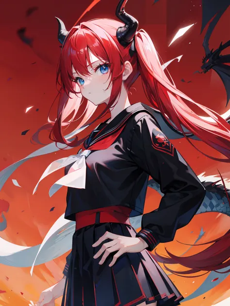 red hair, blue eyes, twintails, Sailor suit,black coat, Dragon horns,Pleated skirt,solo,bow