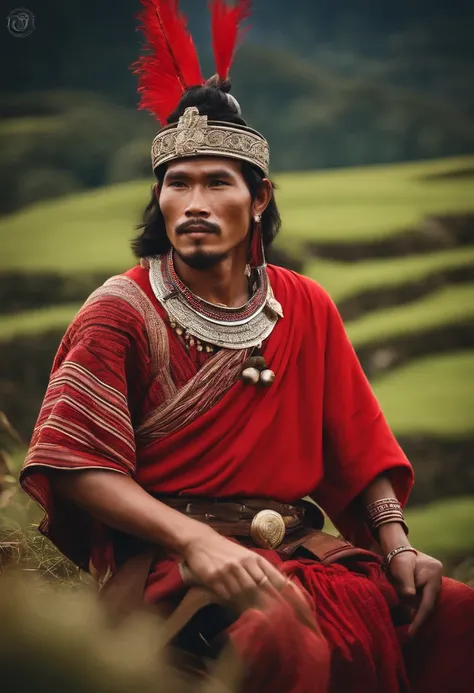 Ifugao god of gods, handsome man, black hair, god among all, heavenly, wearing red traditional attire, cordillera, igorot, ifugao, filipino, people surrounding gods, rice terraces, blue sky setting, harvest time, ancient, 7th century, old filipino clothes,...