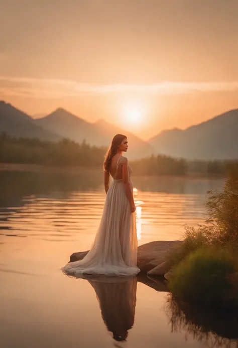 1 girl, Serene expression, mesmerizing eyes, straight long hair, floating dress, poised posture, Porcelain skin, Subtle blush, crystal pendant BREAK golden hour, (rim lit):1.2, Warm tones, Sun flare, Soft shadows, Vibrant colors, painterly effect, dreamy a...