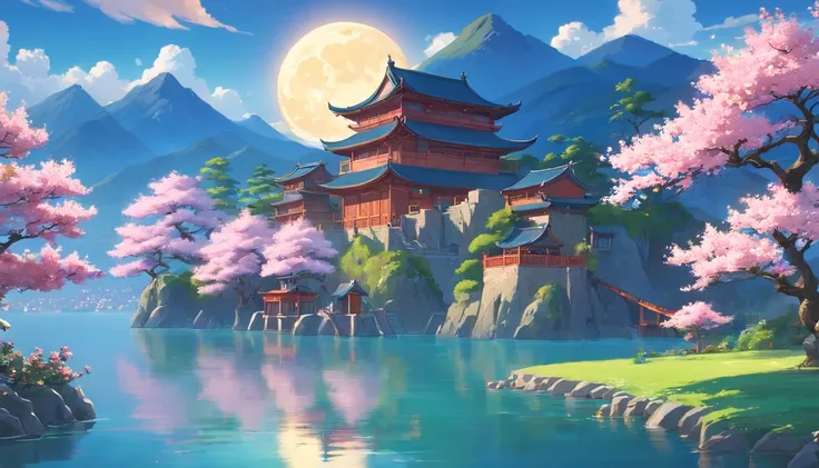 Chinese style buildings，lakes，The background is mountains，Moon，A sea of magnolia flowers，4k高清，Movie special effects，Dreamy and beautiful