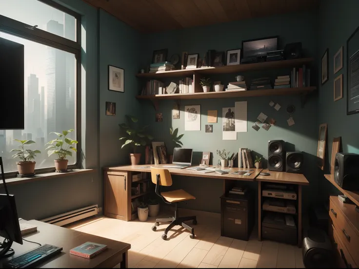 There is a table, Table surface, On the table there is a monitor and speakers, Cyberpunk vehicles, there is a wall, The wall of the house, On the wall of the shelf, scope, PICTURES, Books, Plants