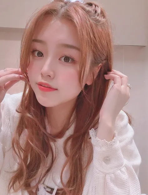 there is a woman with long red hair brushing her hair, ulzzang, pale fair skin!!, dilraba dilmurat, sakimichan, chiho, girl cute-fine-face, rena nounen style 3/4, with cute - fine - face, the hime cut, milky white skin