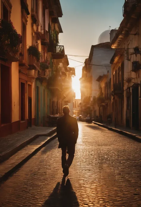 menino de costas, andando em uma cidade, between buildings, sol, ambiente divino, Road to paradise, realista, detalhes requintados, visto de baixo, olhando para o sol